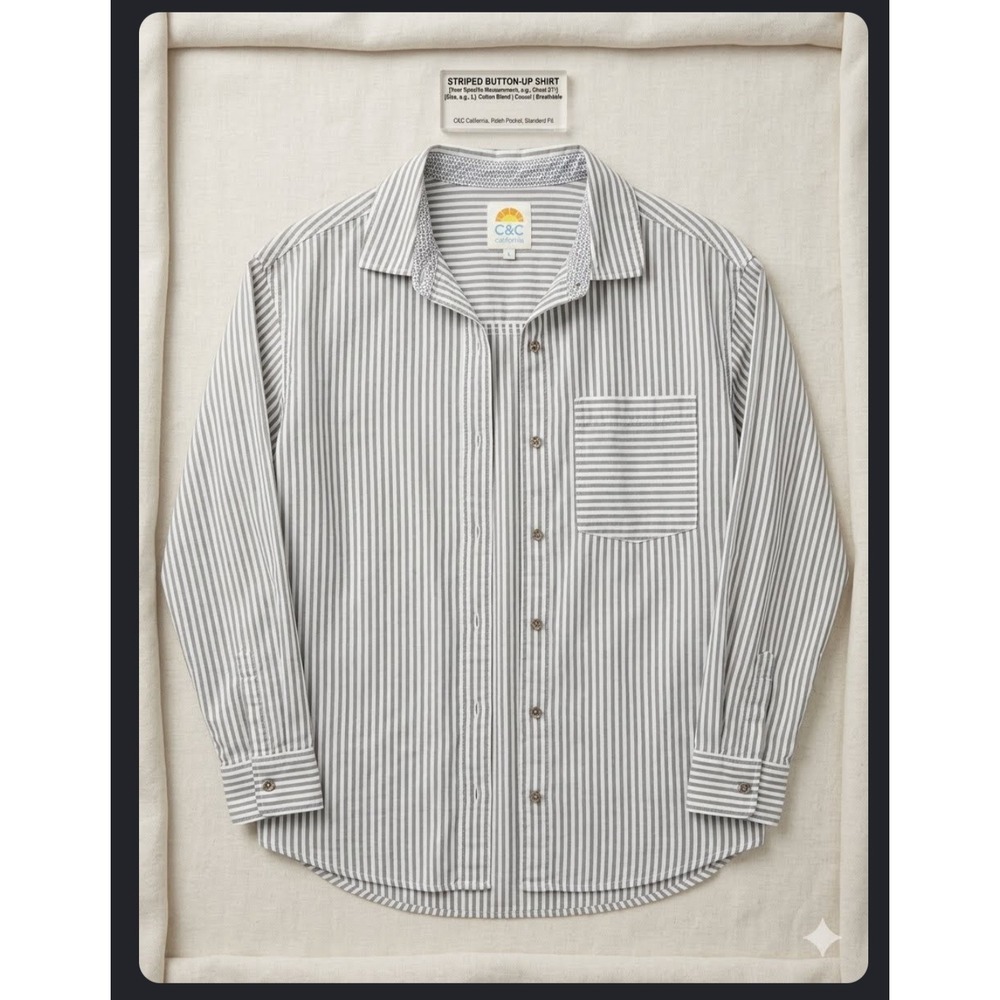 C&C California Preppy Striped Button Up Shirt Grey White Long Sleeve Medium